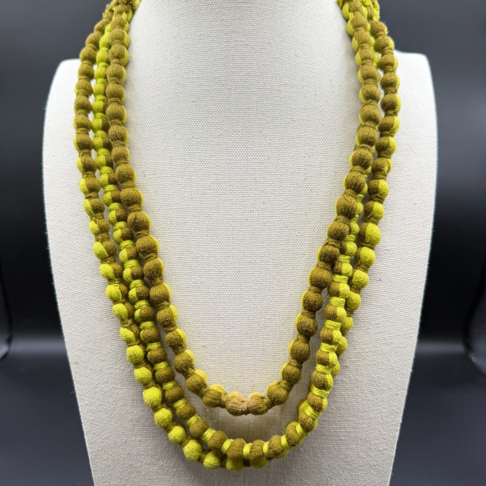 Green Ombre Tone Fabric Bead Necklace Multi Strand Knotted Statement Jewelry